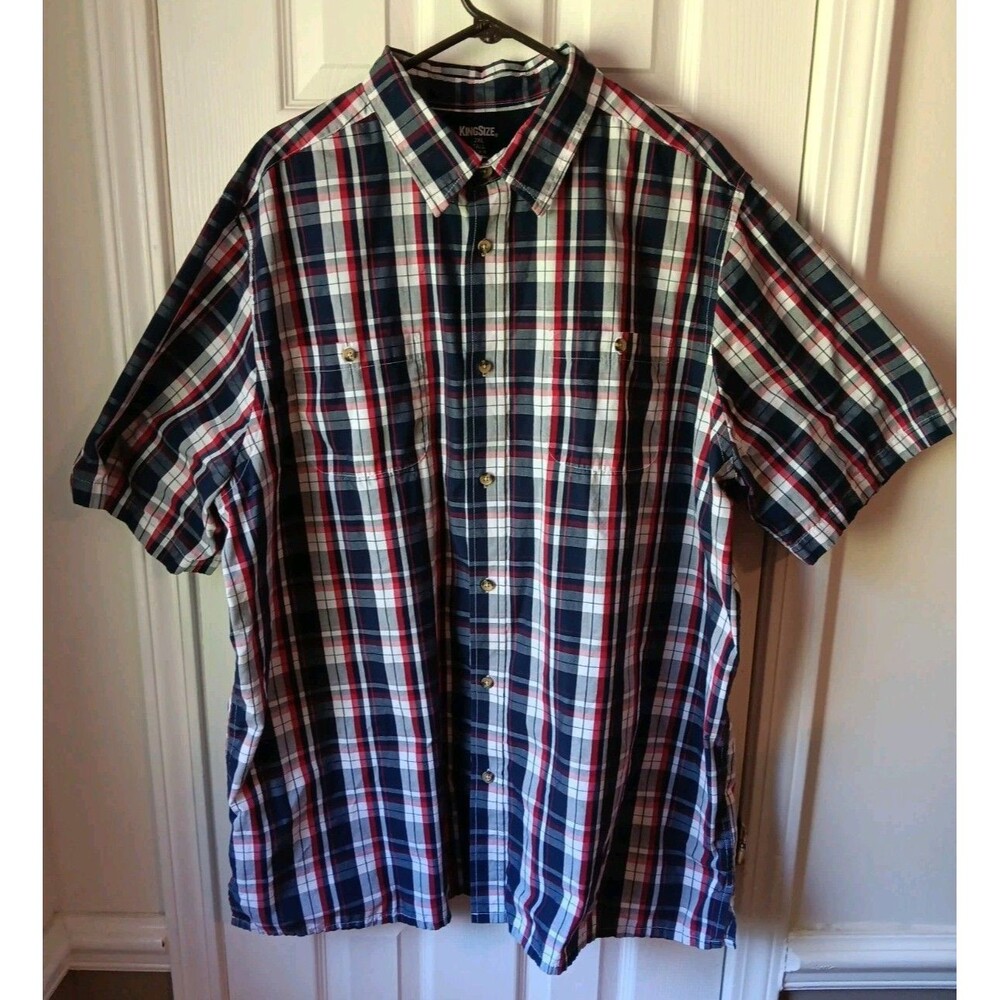 Mens King Size Button Down Shirt XXL Tall Plaid Red White And Blue Short Sleeve